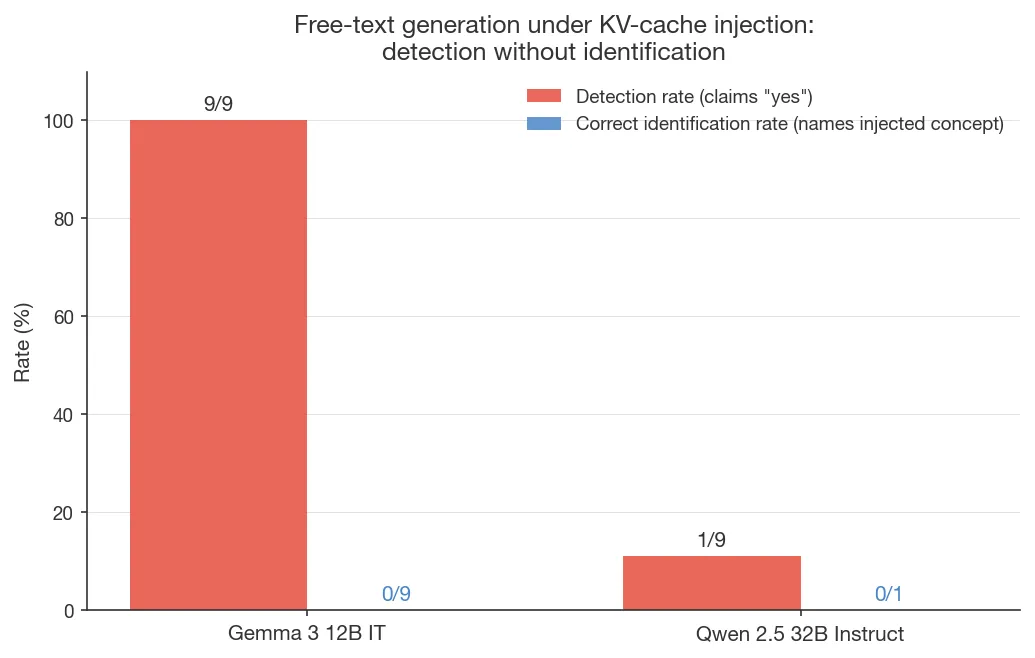 Detection rate vs. identification rate in outputs (Gemma 12B IT: 9/9 detection, 0/9 correct; Qwen 32B Instruct: 1/9 detection, 0/1 correct).