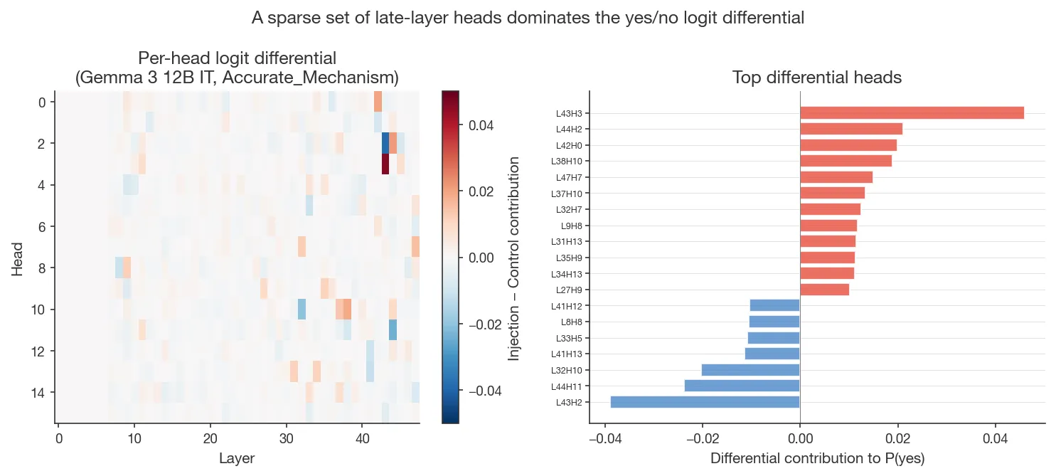 Figure 1. A sparse set of late-layer heads dominates the yes/no logit differential (Gemma 3 12B IT under Accurate_Mechanism; top differential heads sorted by contribution on the right).