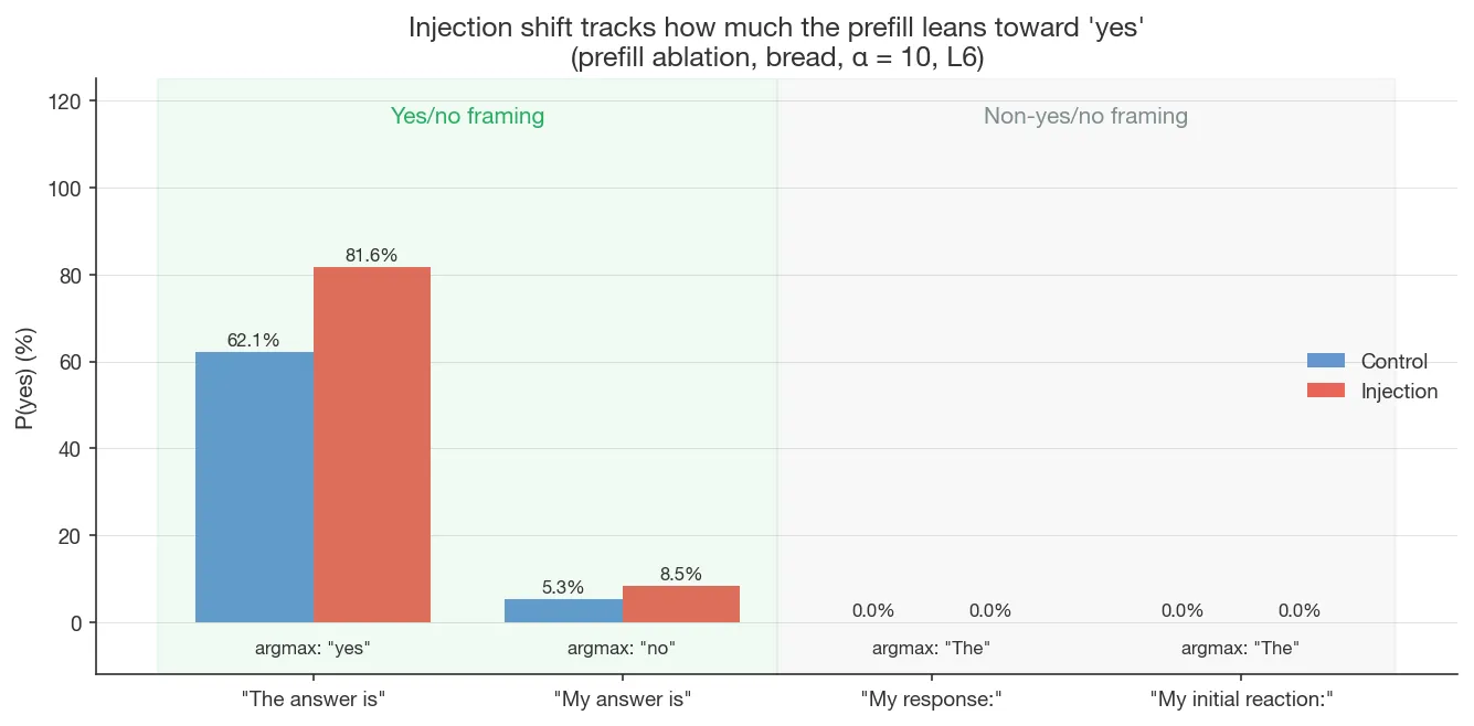 Prefill ablation on bread (α = 10, layer 6): argmax probabilities under control vs injection for four prefills. Injection shift tracks the prefill&#x27;s existing yes-leaning: +19.5pp under "The answer is" (ctrl 62% yes), +3.2pp under "My answer is" (ctrl 5%), ~0pp under non-yes/no prefills.